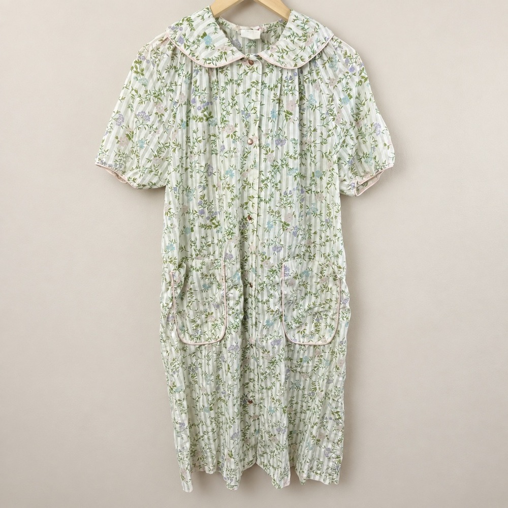 Vintage Smart Time Floral House Dress Duster Snap Front Pockets Cottagecore
